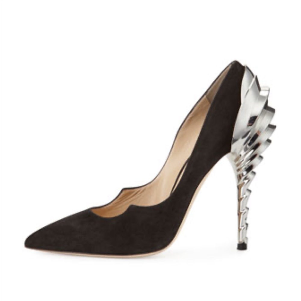 Paul Andrew Black Suede Pumps with Sculptural Silver Heel - Picture 2 of 6